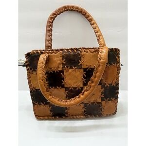 Vintage Leather Patchwork Handbag Brown/ Tan Zip Closure 9.5x8x4"